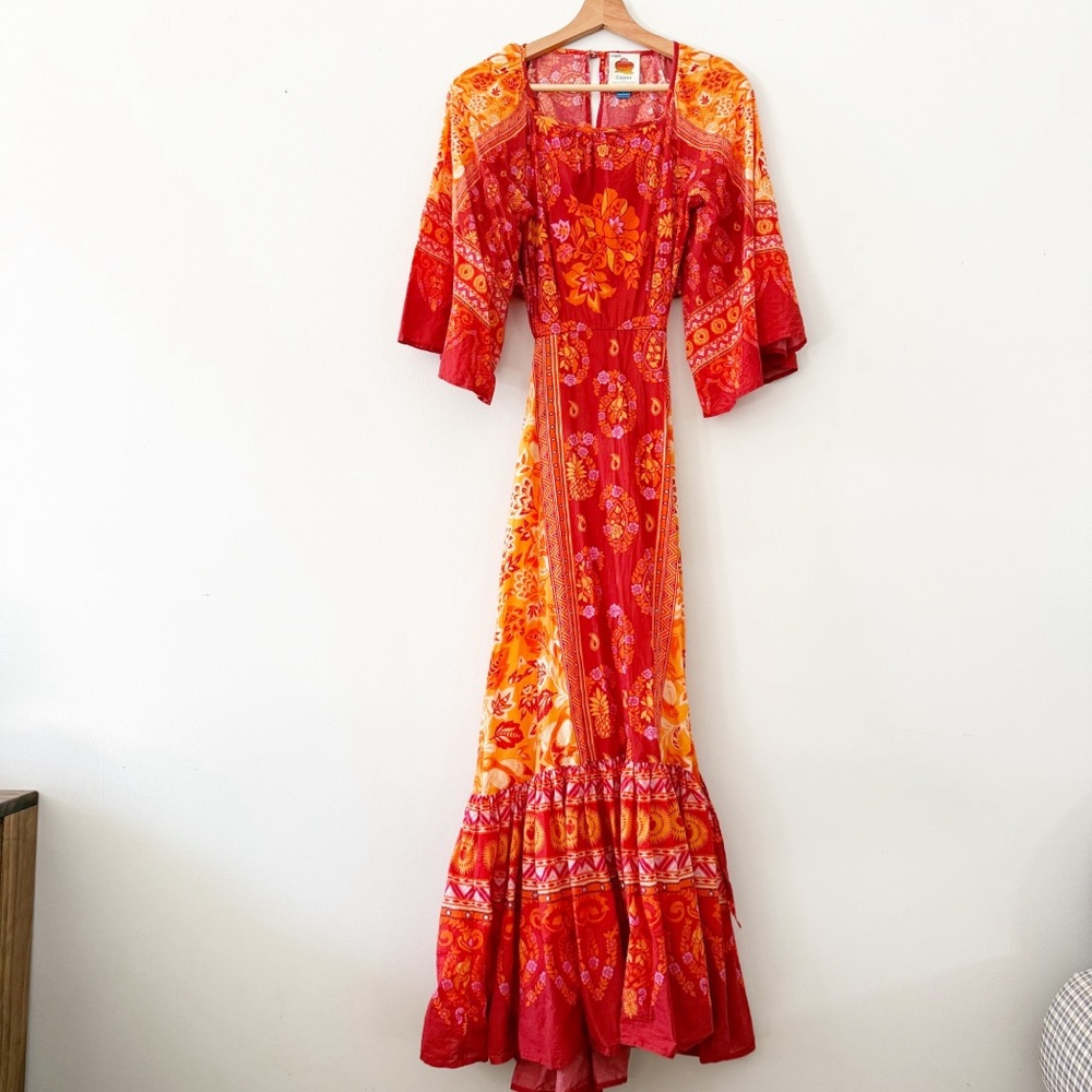 Farm Rio Anthropologie Maxi Dress Orange Pink Open Back Size Small.